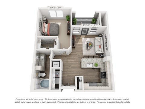 Floor plan for 1 bed, 1 bath, 755 sqft